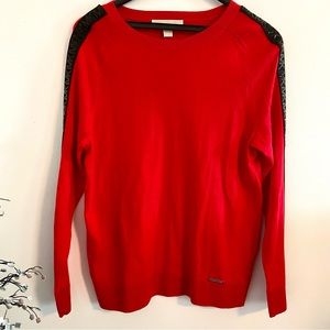 MICHAEL KORS Women’s Red Pullover Sweater with Black Logo Tape, Size S